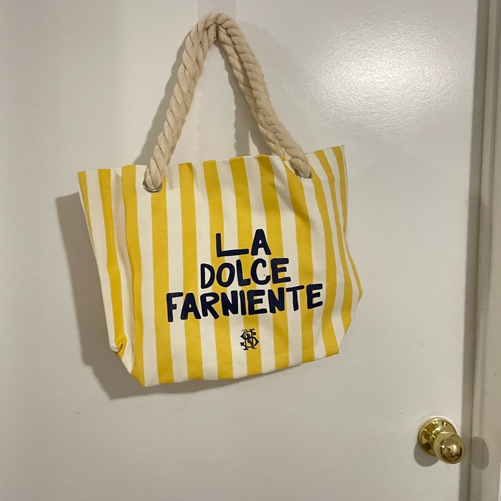 La Dolce Farniente Yellow Striped Canvas Tote with Rope Handles